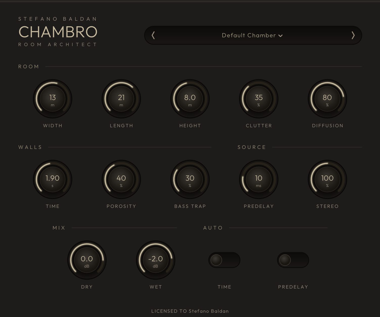 The Chambro plugin: a dark panel with a preset bar reading Default Chamber, and dials grouped as Room (Width 13 m, Length 21 m, Height 8.0 m, Clutter, Diffusion), Walls (Time, Porosity, Bass Trap), Source (Predelay, Stereo), Mix (Dry, Wet) and two Auto switches for Time and Predelay.